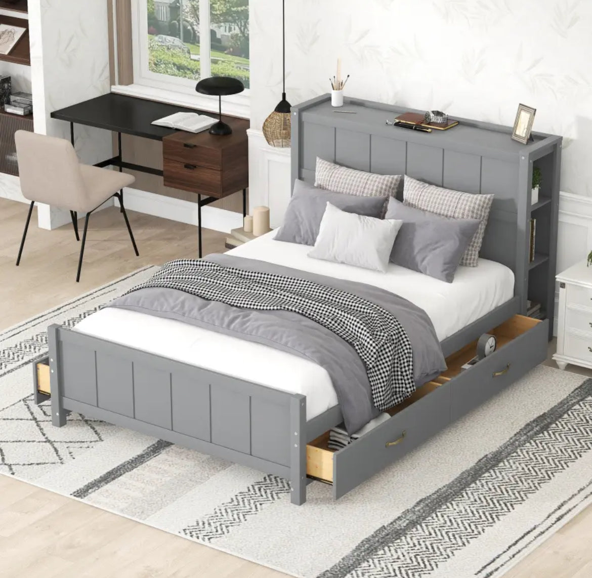 Full Size bed,Youth bed,Adult bed,Modern Full Size Platform Bed with Drawers,Storage Shelves,Headboard and Footboard,for bedroom
