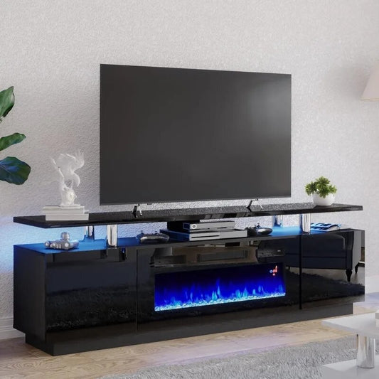 Modern High Gloss TV Stand + LED Lights, 2 Tier TV Console + Fireplace