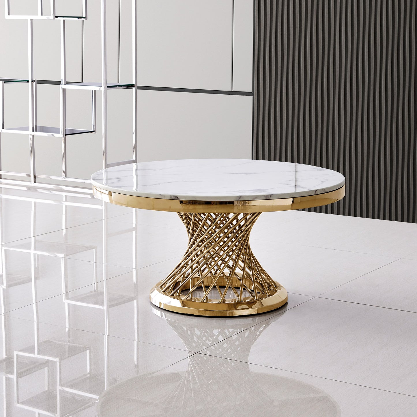 Marble Round Coffee Table with Gold Mirrored Finish Stainless Steel Base