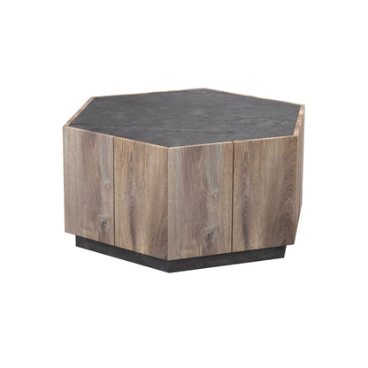 Hexagonal Rural Style Coffee Table + 2 drawers, Grey Cement + Mahogany