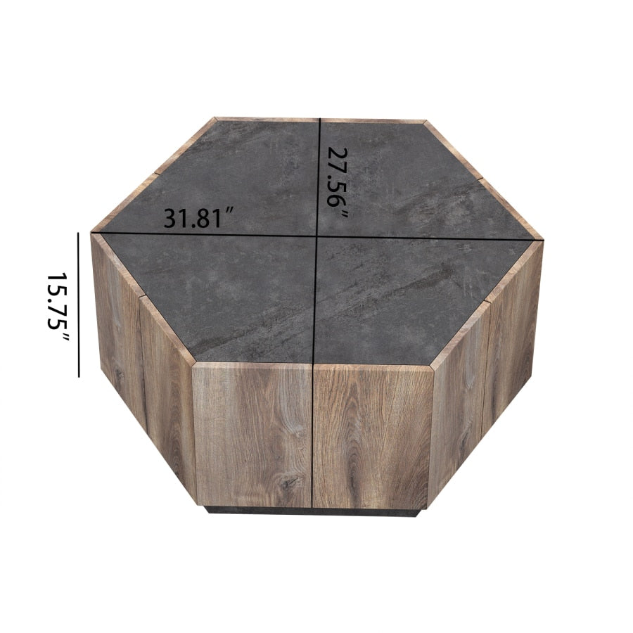 Mesa de centro estilo rural hexagonal + 2 cajones, Cemento Gris + Caoba