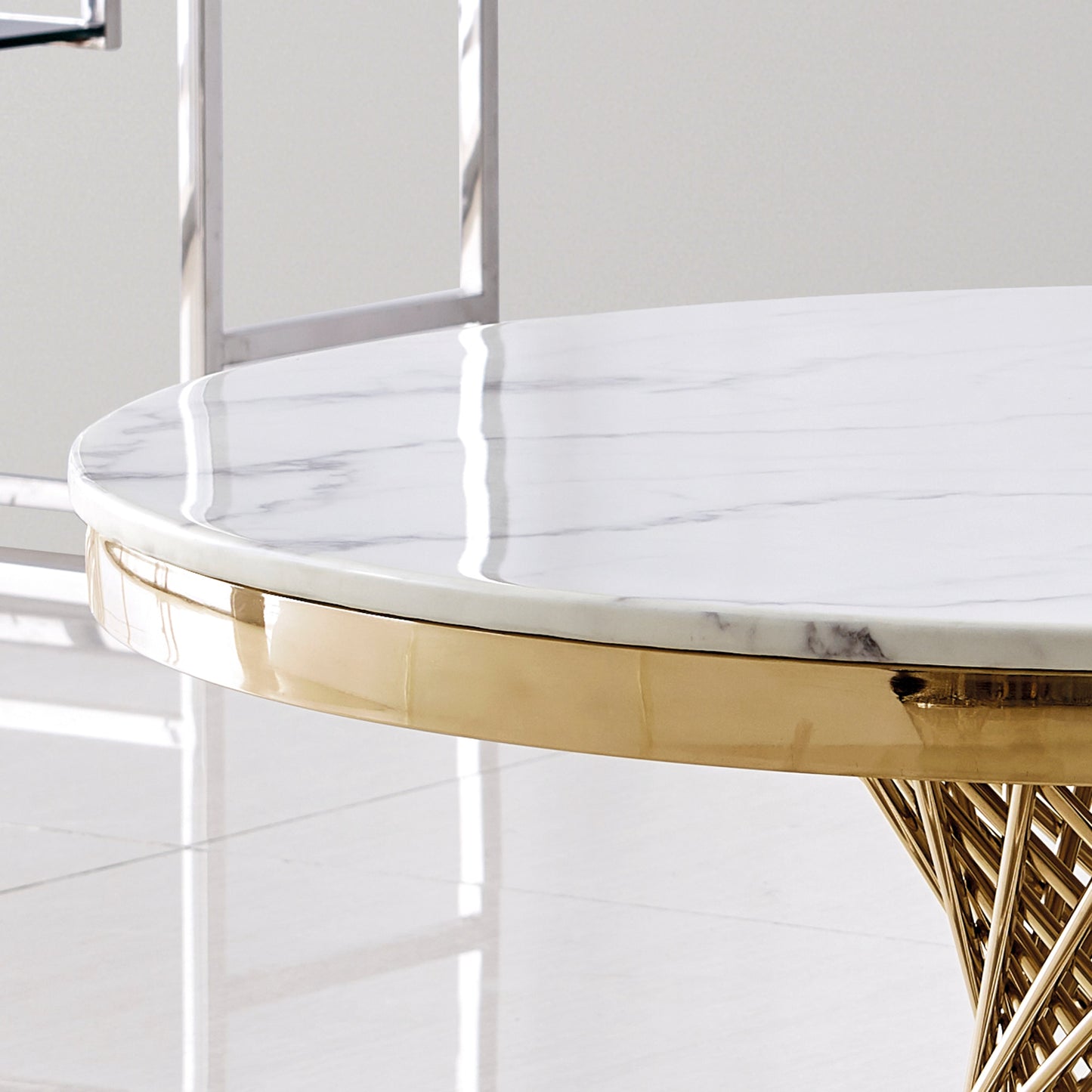 Marble Round Coffee Table with Gold Mirrored Finish Stainless Steel Base