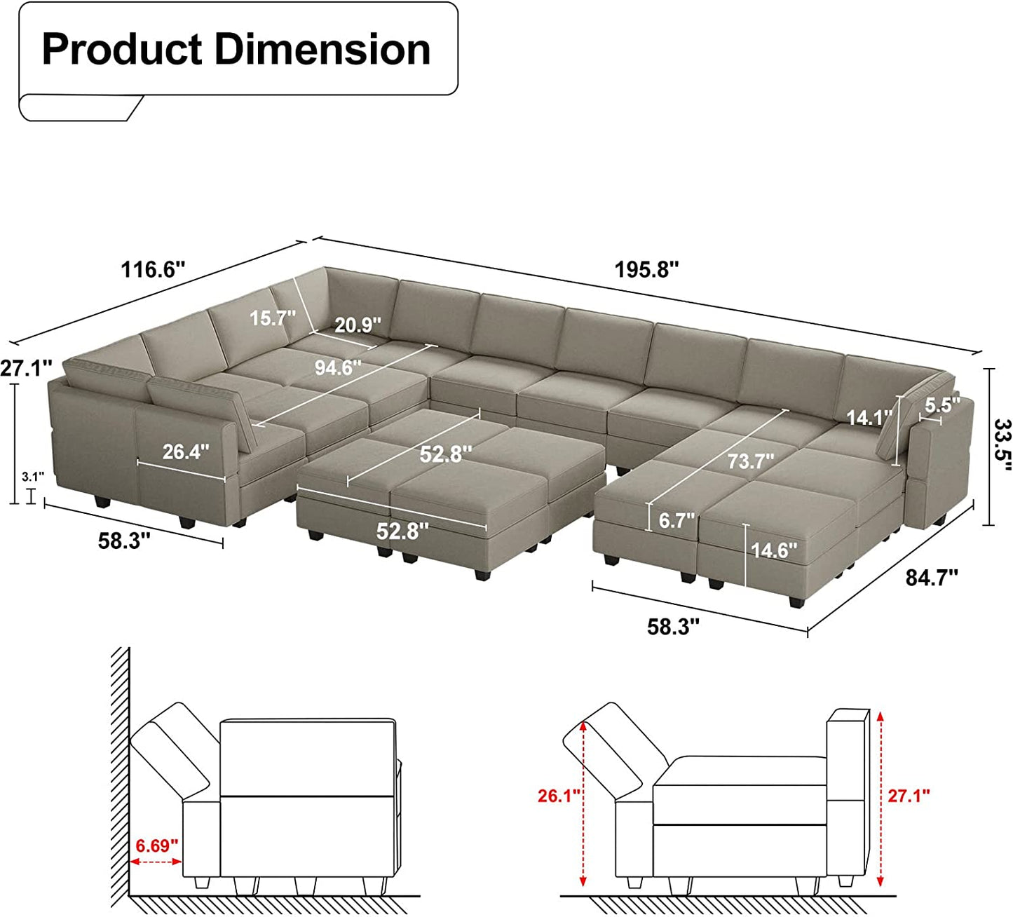 Green Large Sectional Sofa with Storage + Velvet Ottoman