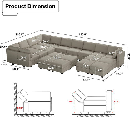 Green Large Sectional Sofa with Storage + Velvet Ottoman