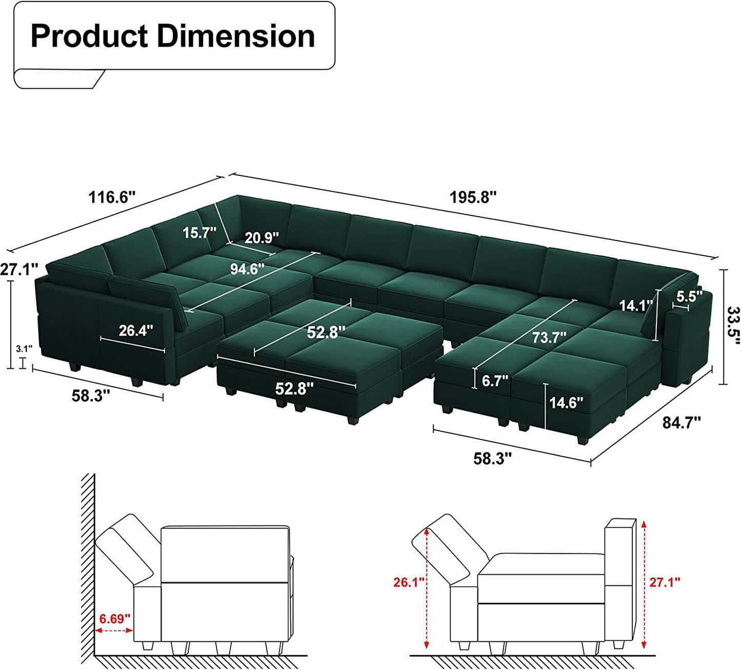 Green Large Sectional Sofa with Storage + Velvet Ottoman