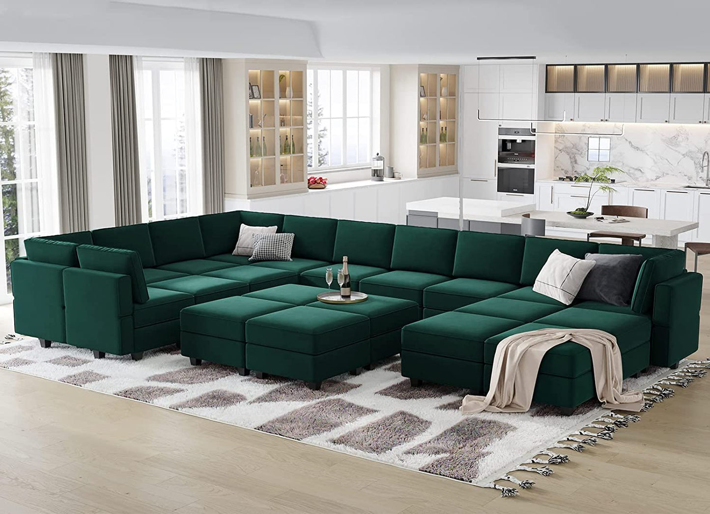 Green Large Sectional Sofa with Storage + Velvet Ottoman