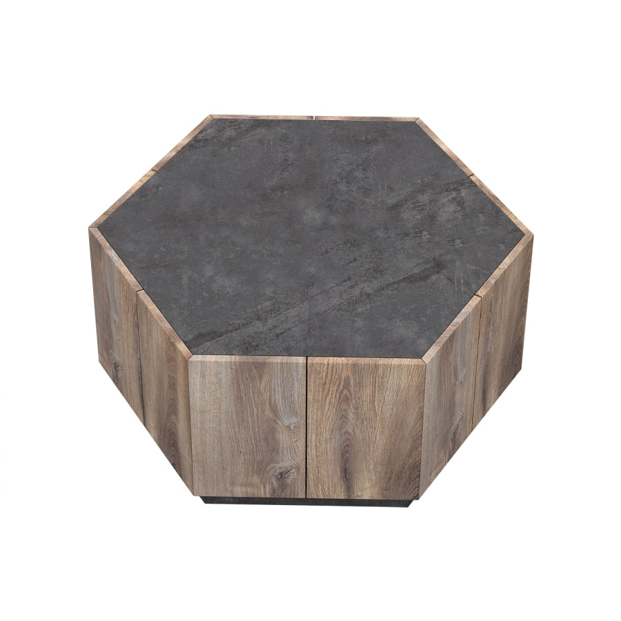 Mesa de centro estilo rural hexagonal + 2 cajones, Cemento Gris + Caoba