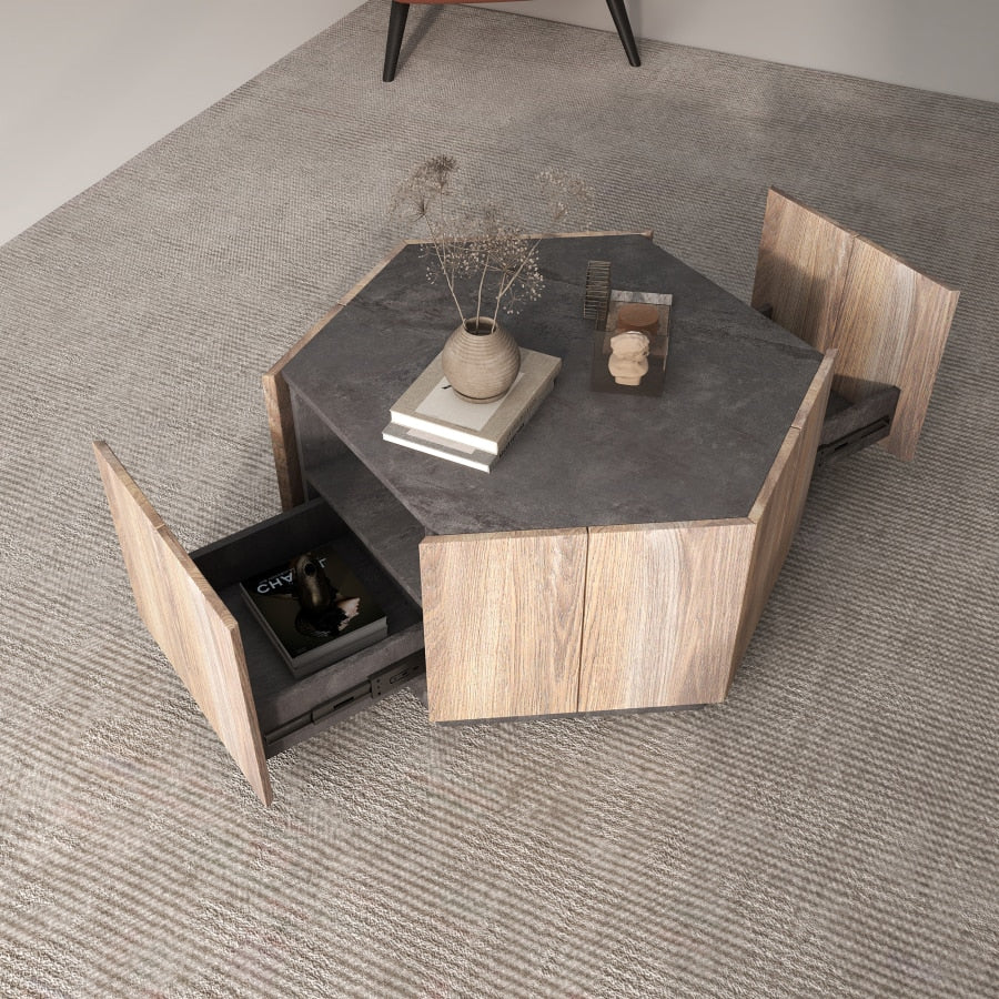 Hexagonal Rural Style Coffee Table + 2 drawers, Grey Cement + Mahogany