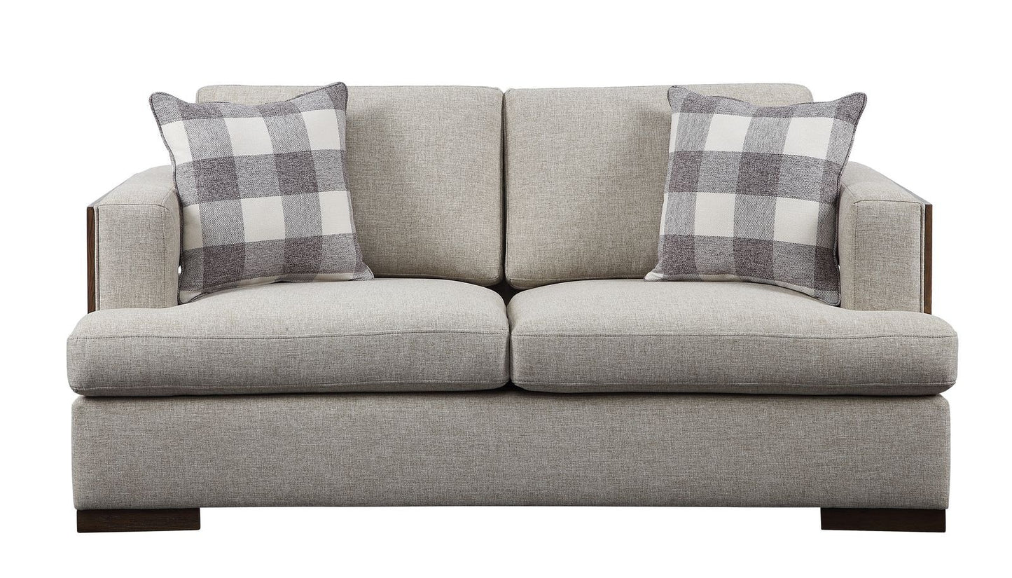 Contemporary Style Sofa + 2 Pillows with Wood Trim