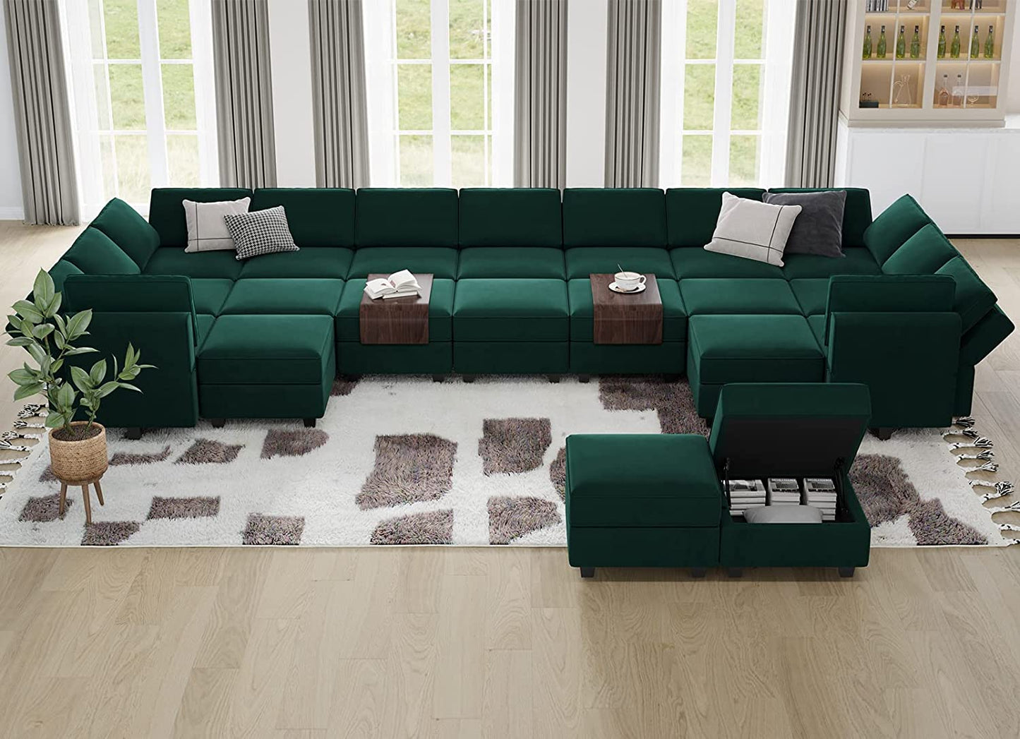 Green Large Sectional Sofa with Storage + Velvet Ottoman