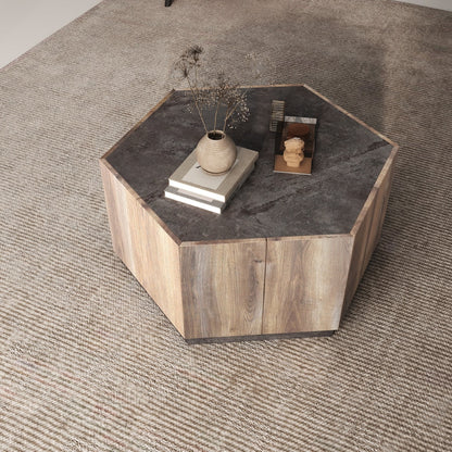 Hexagonal Rural Style Coffee Table + 2 drawers, Grey Cement + Mahogany