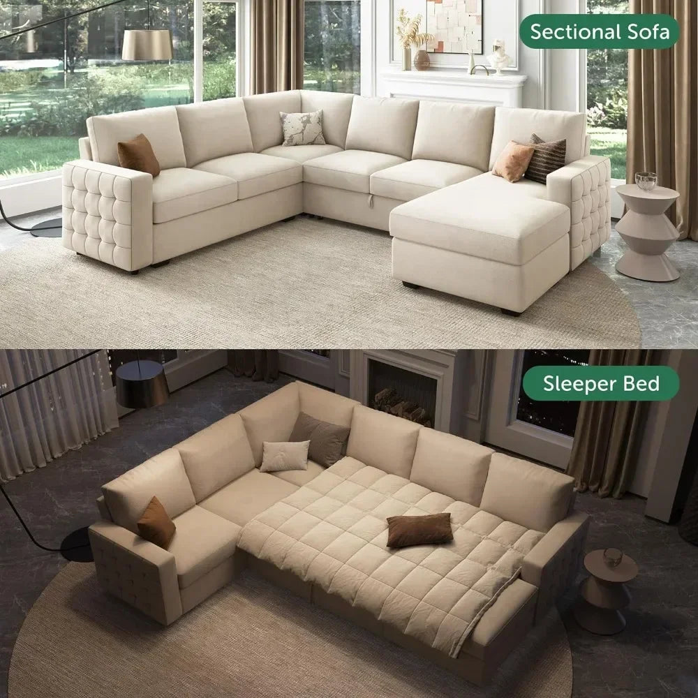 Velvet Sectional Couch + Storage Chaise and Pull out Bed