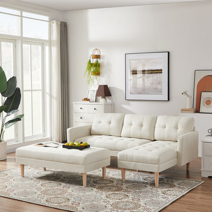 Modern Beige Sectional Sofa Chaise + Ottoman