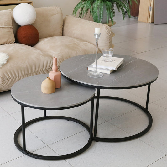 Modern Nesting Round Grey Marble Top Coffee Table Set