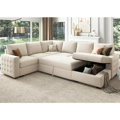 Velvet Sectional Couch + Storage Chaise and Pull out Bed