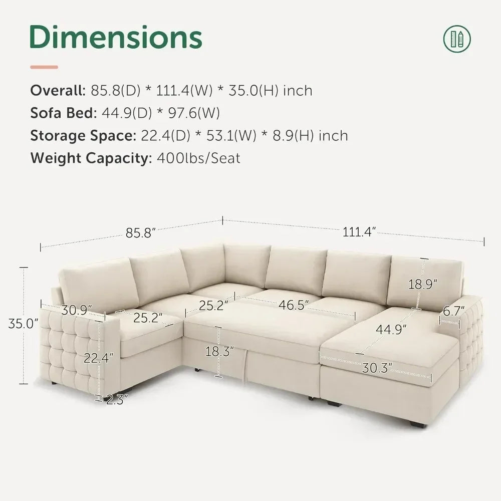 Velvet Sectional Couch + Storage Chaise and Pull out Bed