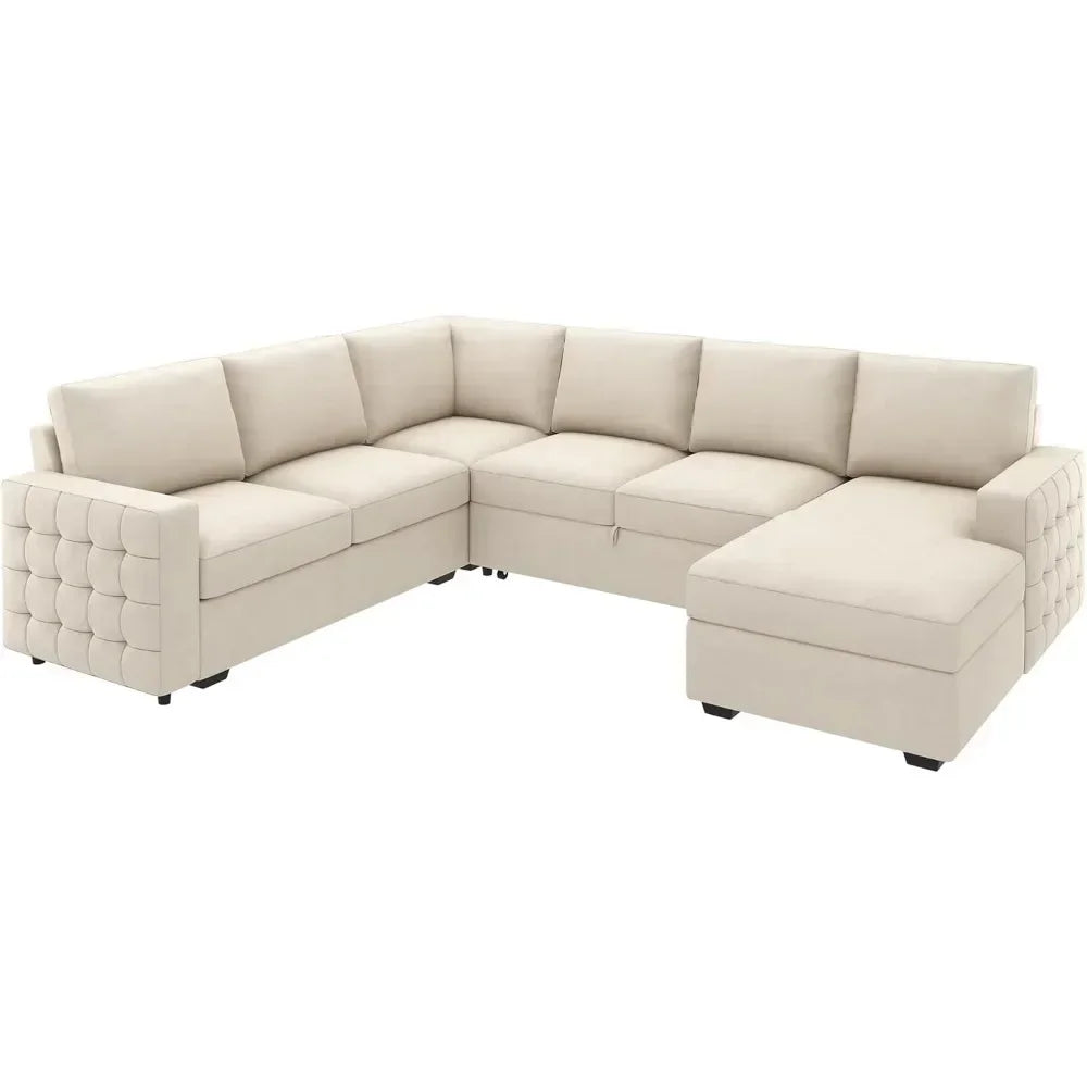 Velvet Sectional Couch + Storage Chaise and Pull out Bed