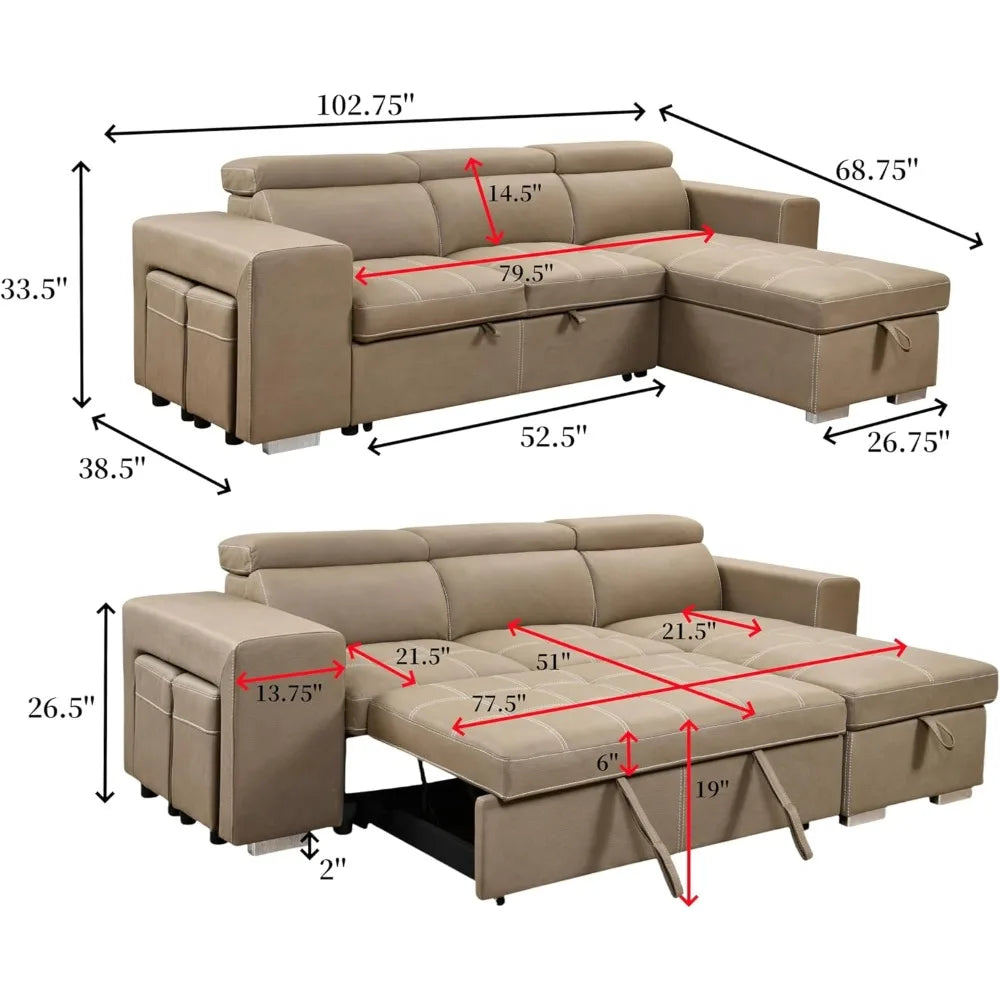 Convertible L-shaped sofa with pull-out bed