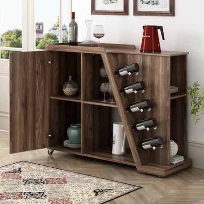 Bar Island Cart with 5 Wine Holders, Wine Glass Rack, and Adjustable Shelf