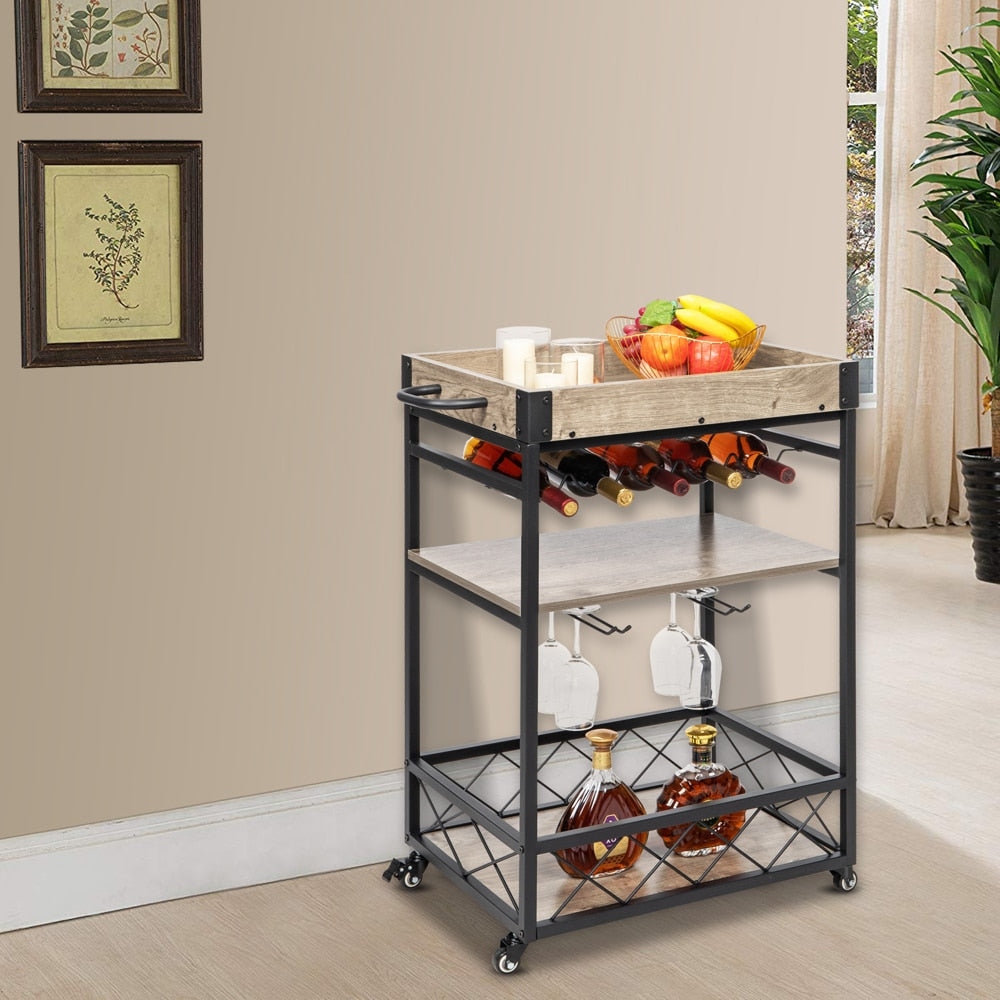 Bar Cart, Holds 5 Wine Bottles and 9 Wine Glasses