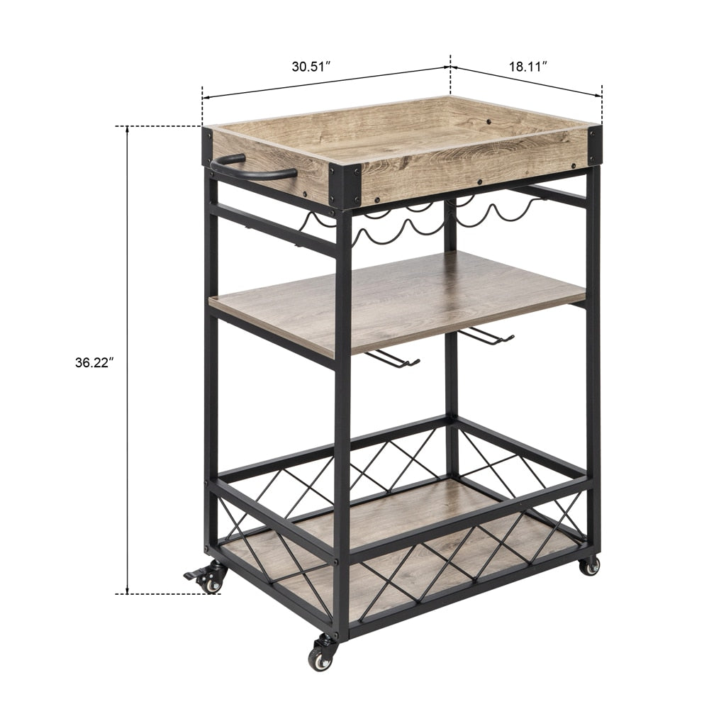 Bar Cart, Holds 5 Wine Bottles and 9 Wine Glasses