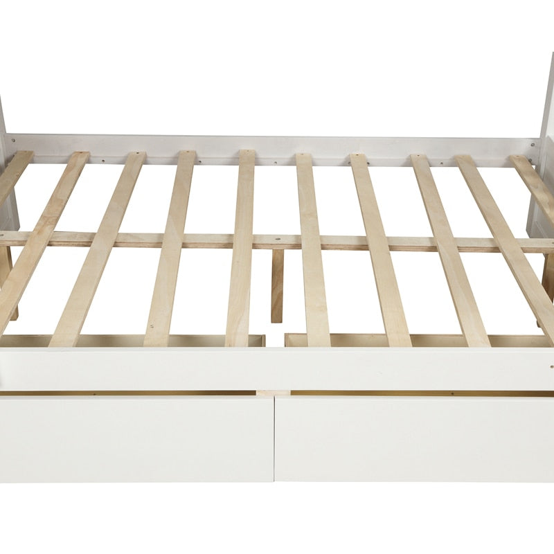 Cama doble de madera maciza sobre litera completa con escalera