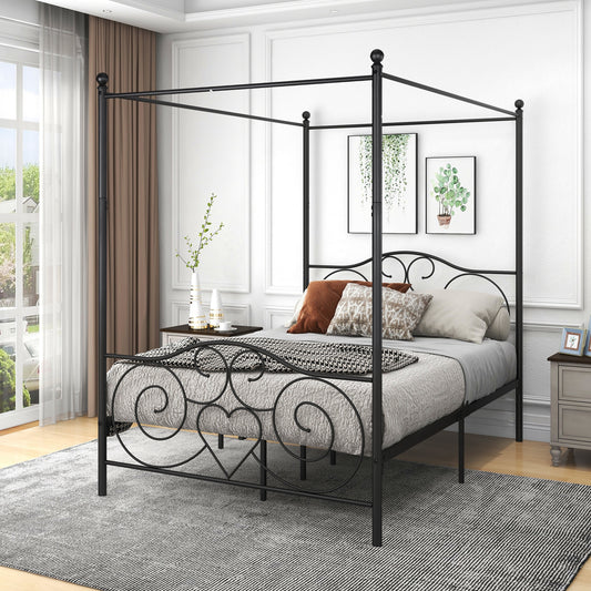 Metal Canopy Bed Frame W/ Vintage Style Headboard