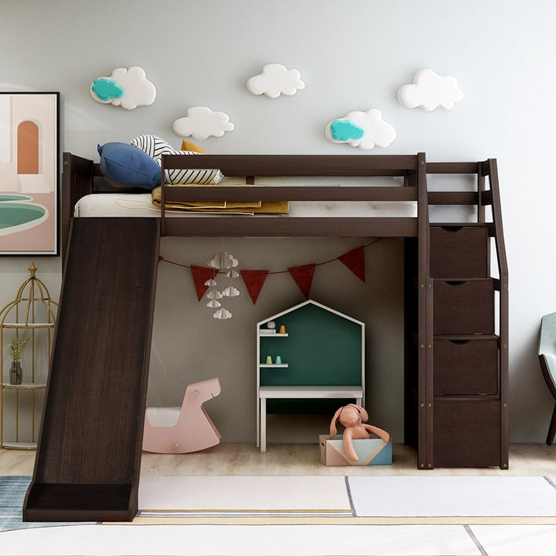 Twin Size Loft Bed With Slide And Storage Steps