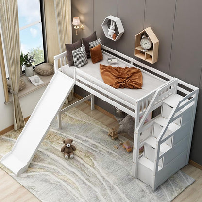 Twin Size Loft Bed With Slide And Storage Steps