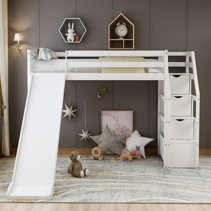 Twin Size Loft Bed With Slide And Storage Steps