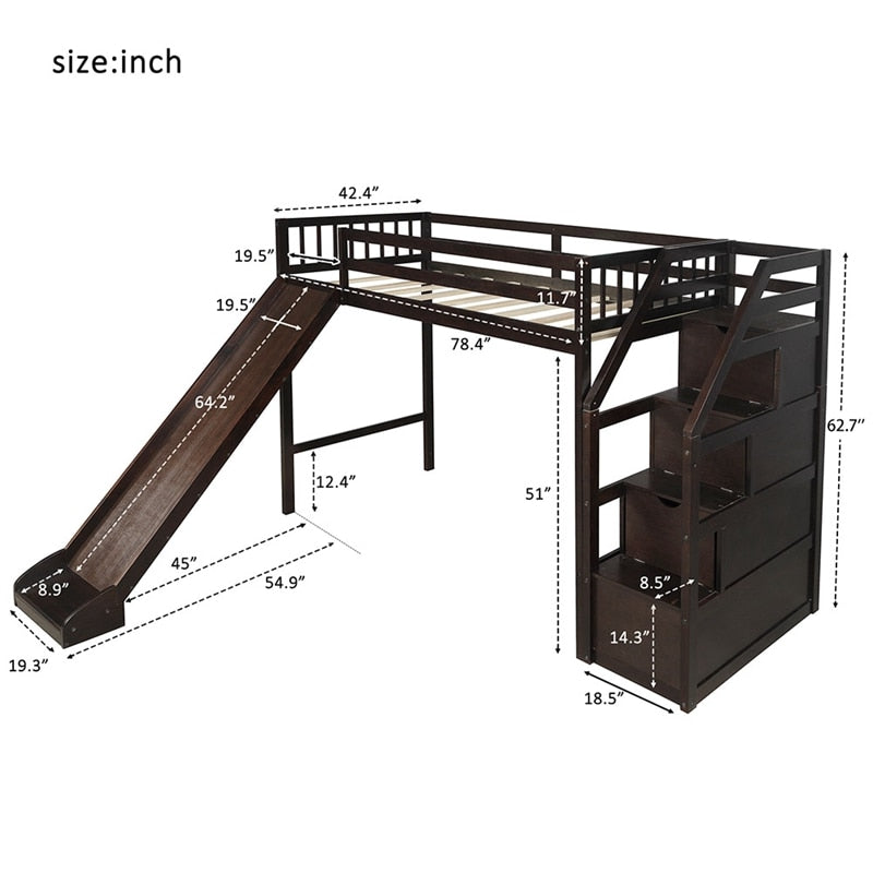 Twin Size Loft Bed With Slide And Storage Steps