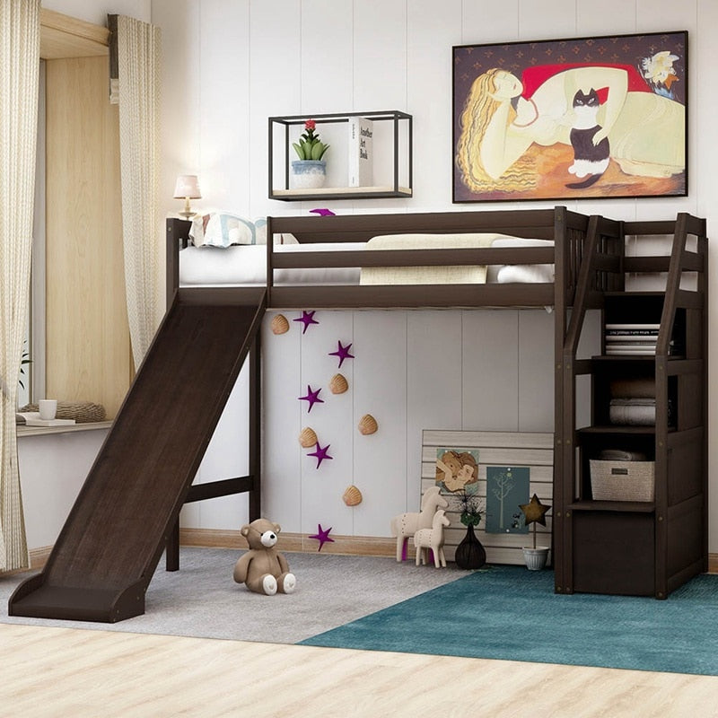 Twin Size Loft Bed With Slide And Storage Steps