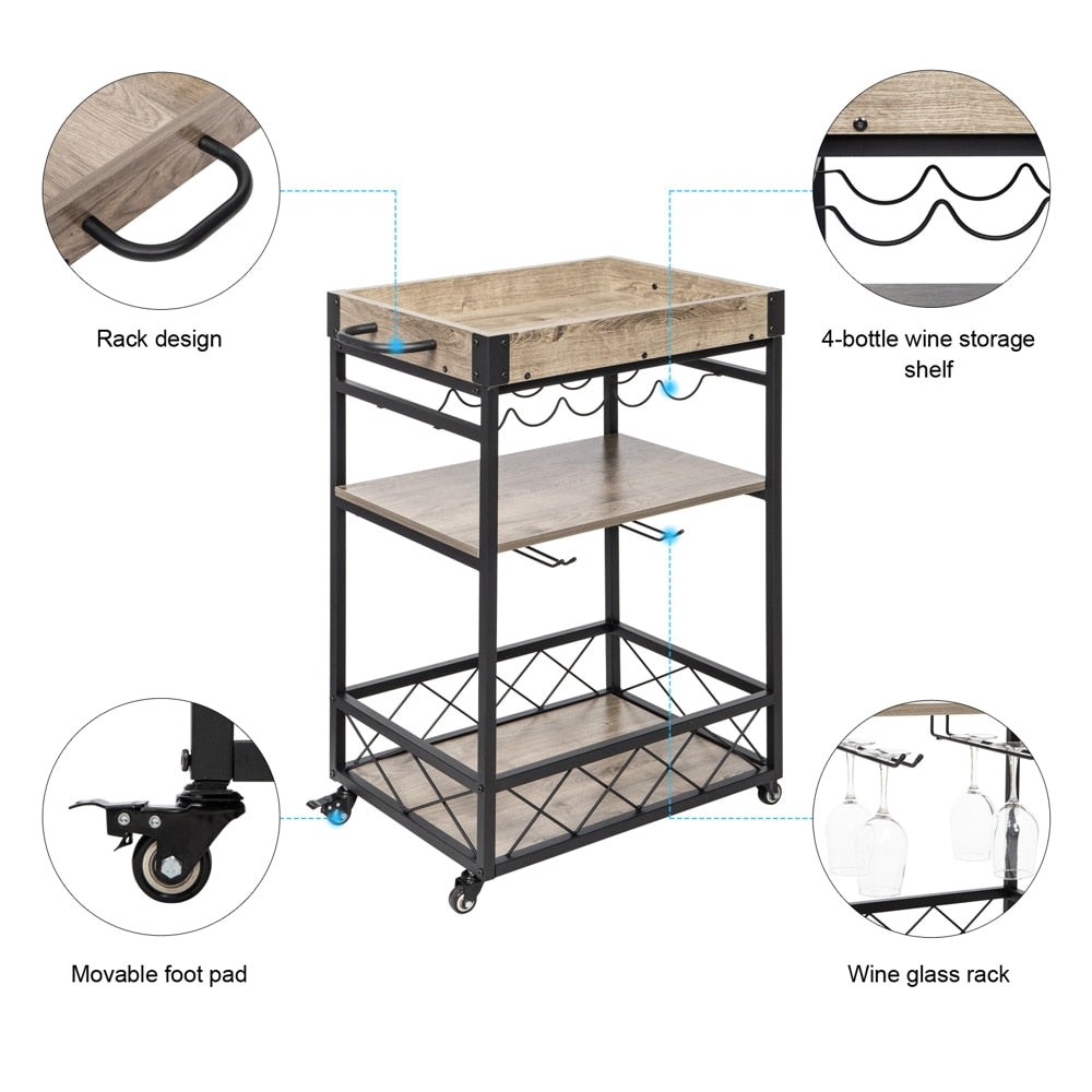 Bar Cart, Holds 5 Wine Bottles and 9 Wine Glasses