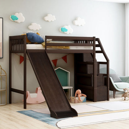 Twin Size Loft Bed With Slide And Storage Steps