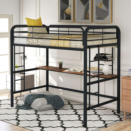 Metal Twin Loft Bed With Desk And Shelf