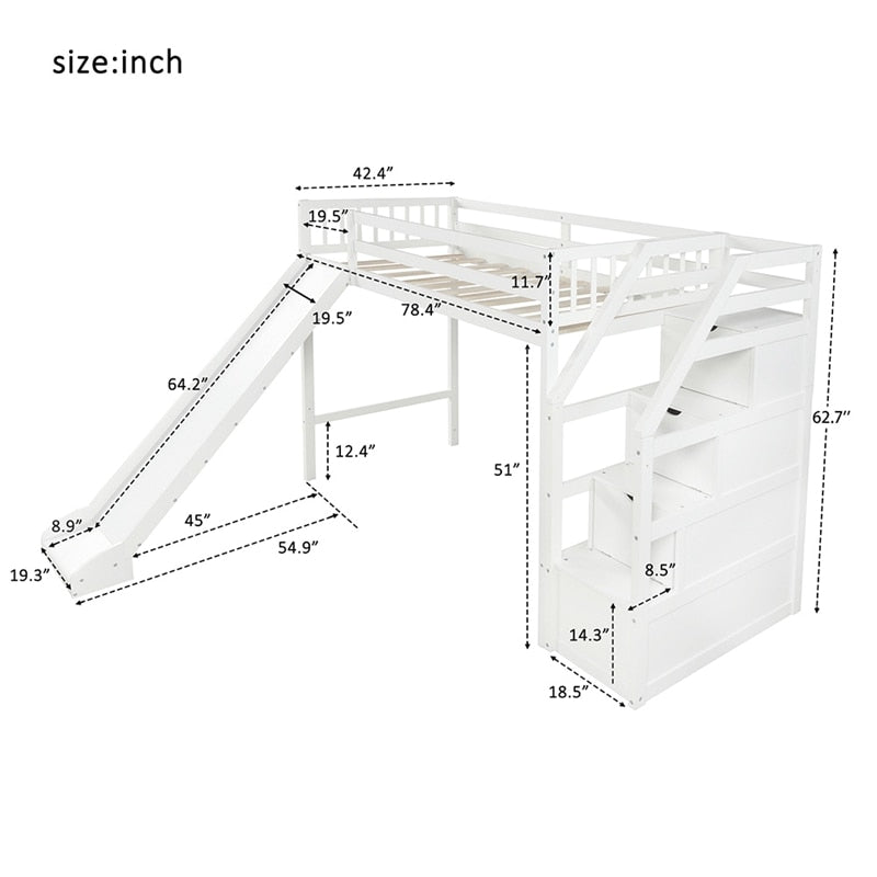 Twin-Size-Hochbett mit Rutsche und Aufbewahrungsstufen