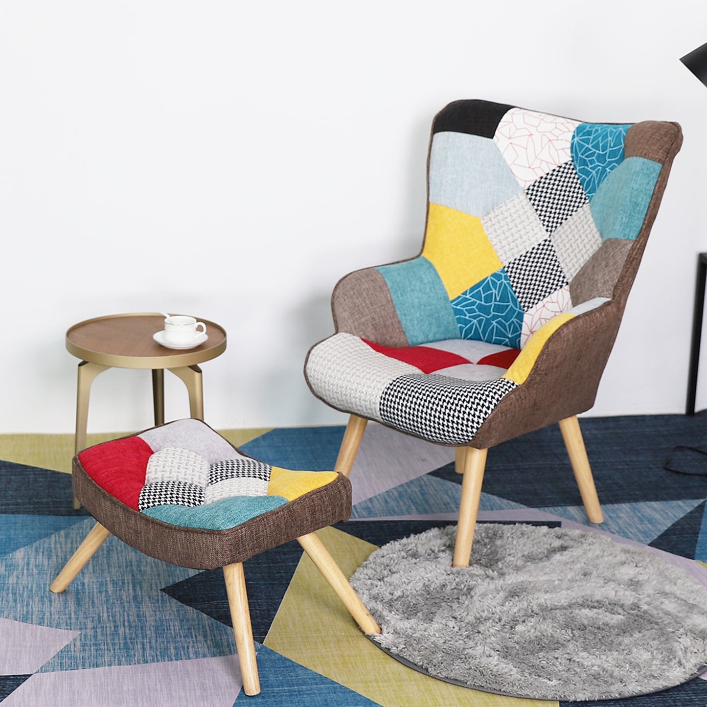 Colorful Patchwork Lounge Chair and Ottoman