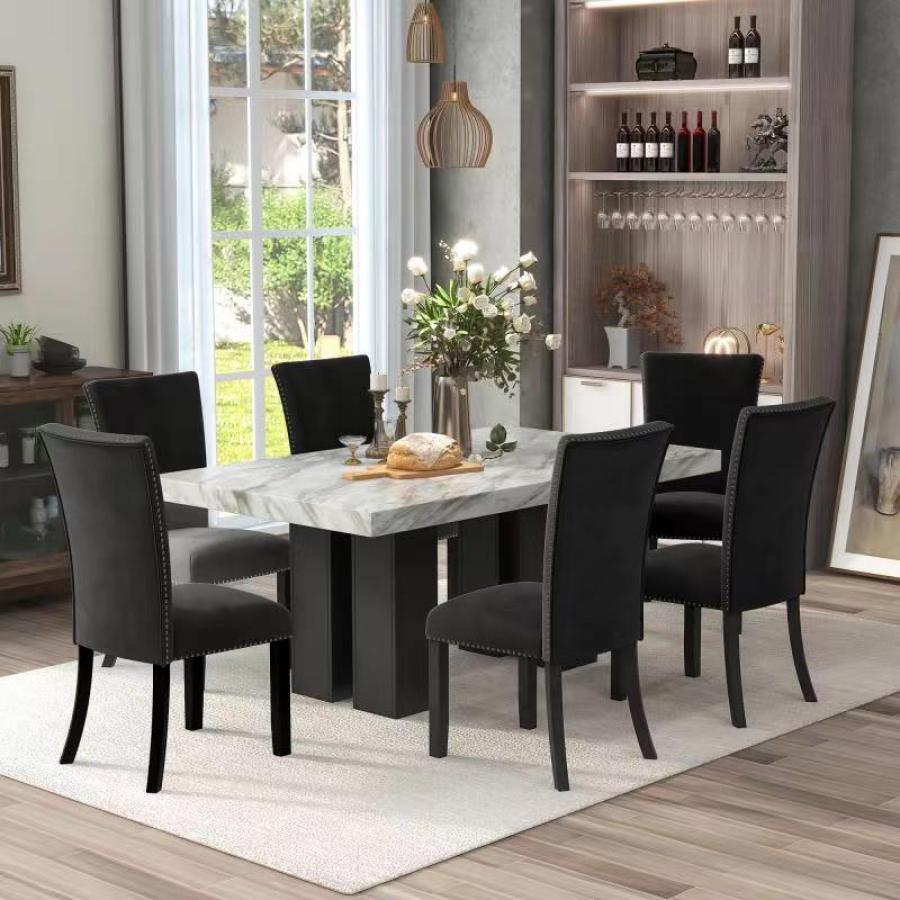 7-piece Dining Table Set with 1 Faux Marble Table and 6 Upholstered Chairs