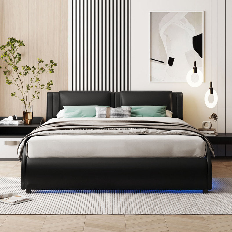 Full size upholstered faux leather platform bed with LED lights