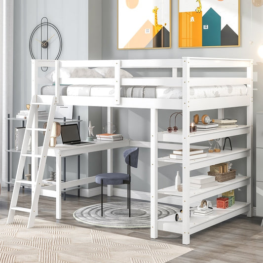 White Twin Loft Bed with desk, ladder, and shelves