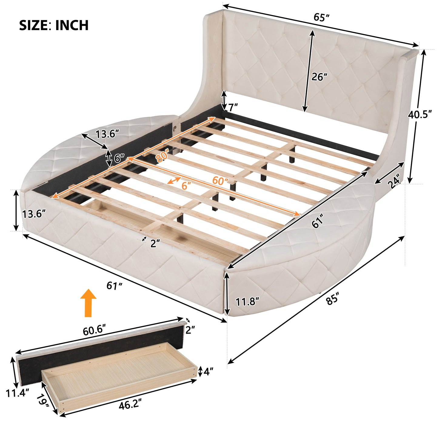 Cama tamaño queen tapizada con plataforma y almacenamiento de terciopelo