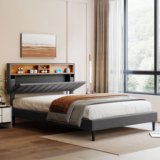 Upholstered Platform Bed Frame with USB Port and Storage Headboard