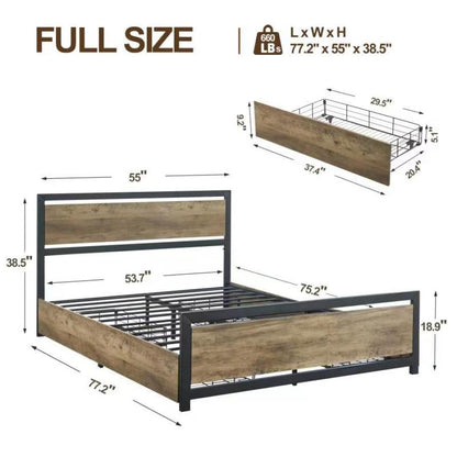 Estructura de cama industrial de tamaño completo de madera y metal con 4 cajones de almacenamiento