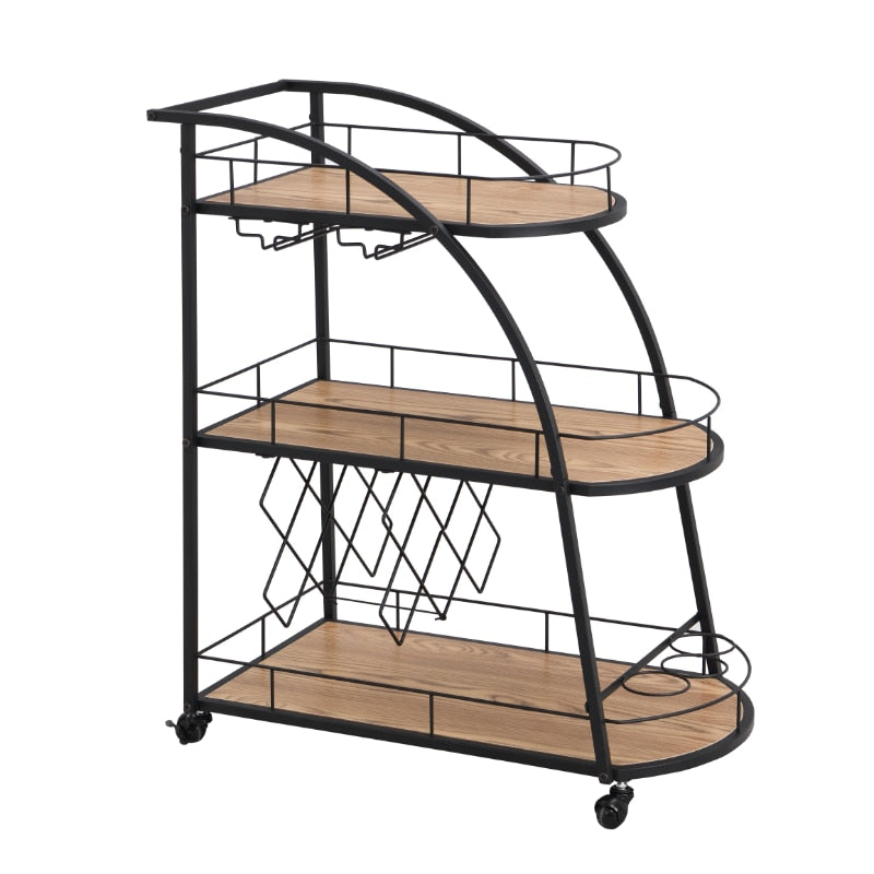 Black Mobile Bar Cart with Elegant Wine Rack, and 3 Layer Metal Frame