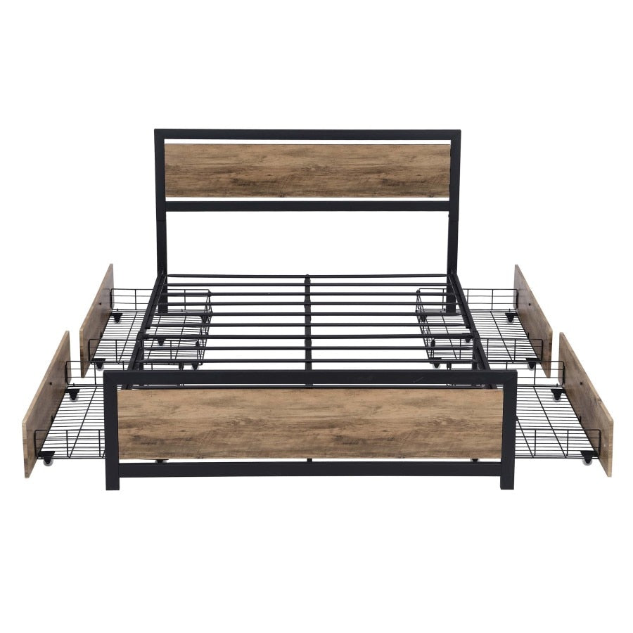 Full Size Industrial Wood and Metal Bed Frame with 4 Storage Drawers