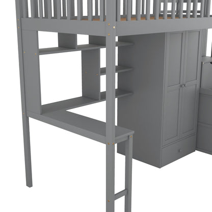 Twin size Loft Bed with Closet, Desk, Bookshelf, And Drawers