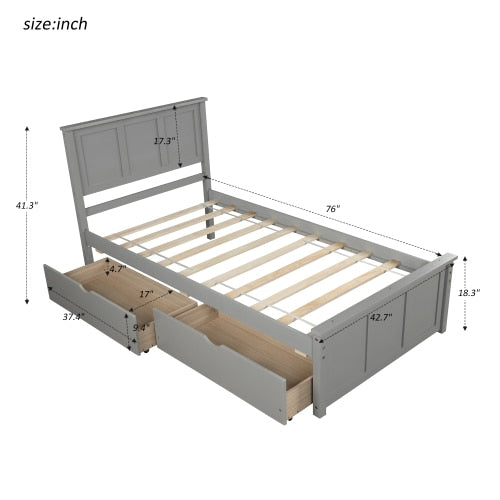 Twin Wooden Bed Frame + 2 Storage Drawers With Wheels