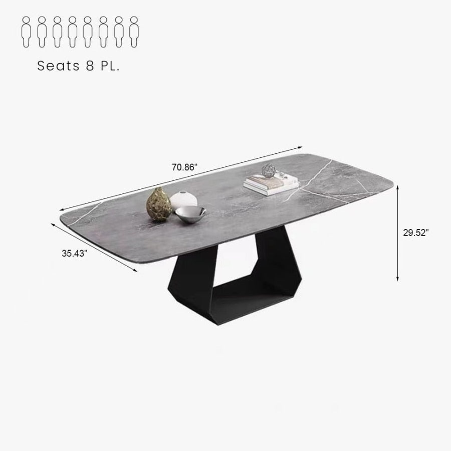 Mesa de comedor de piedra sinterizada gris con base de acero al carbono