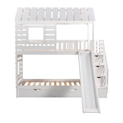 Twin Loft Bunk Bed with Trundle and Slide, Storage Staircase, Roof and Window Design