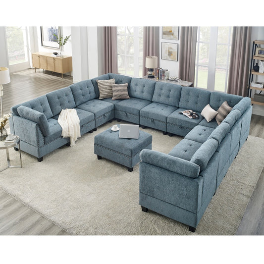 Navy Blue U Shaped Sectional Sofa + Ottoman